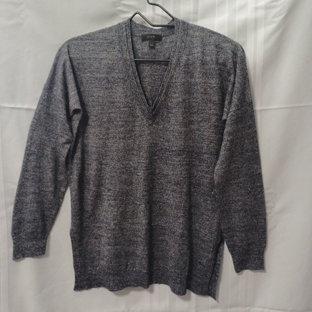 J.Crew Womens XXS Marled V-Neck Drop Shoulder Sweater Navy Blue White E9434